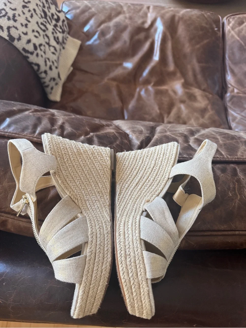 Womens Beige Linen Zip Front Wedge Sandals